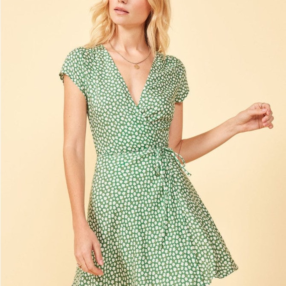 Reformation Green and White Mini Wrap Dress